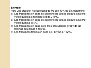 Ejemplo.
Para una aleación hipoeutéctica de Pb con 40% de Sn, determine:
a) Las fracciones en peso de equilibrio de la fase proeutéctica (Pb)
y del líquido a la temperatura de 215ºC.
b) Las fracciones en peso de equilibrio de la fase proeutéctica (Pb)
y del líquido a 184ºC.
c) Las fracciones en peso de la fase proeutéctica (Pb) y de las
láminas eutécticas a 182ºC.
d) Las fracciones totales en peso de Pb y Sn a 182ºC.
 