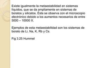 Existe igualmente la metaestabilidad en sistemas
líquidos, que se da ampliamente en sistemas de
boratos y silicatos. Ésta se observa con el microscopio
electrónico debido a los aumentos necesarios de entre
5000 – 10000 X.
Ejemplos de esta metaestabilidad son los sistemas de
borato de Li, Na, K, Rb y Cs.
Fig 3.25 Hummel
 