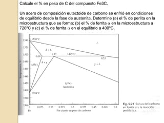 Calcule el % en peso de C del compuesto Fe3C.
Un acero de composición eutectoide de carbono se enfrió en condiciones
de equilibrio desde la fase de austenita. Determine (a) el % de perlita en la
microestructura que se forma; (b) el % de ferrita en la microestructura a
726ºC y (c) el % de ferrita en el equilibrio a 400ºC.
 
