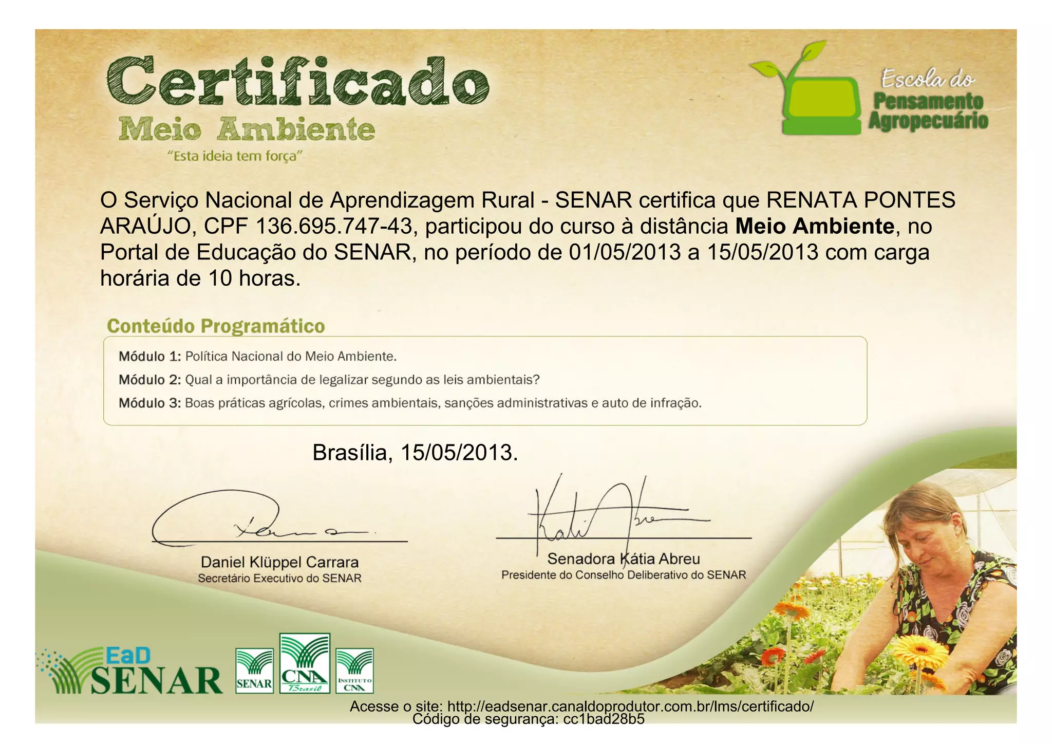 Certificado de Conclusão - Curso de Meio Ambiente (CNA/SENAR) | PDF