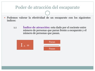 Poder de atracción del escaparate
 Podemos valorar la efectividad de un escaparate con los siguientes
índices:
1.1 Índice de atracción: esta dado por el cociente entre
número de personas que paran frente a escaparate y el
número de personas que pasan.
I A =
Paran
Pasan
 