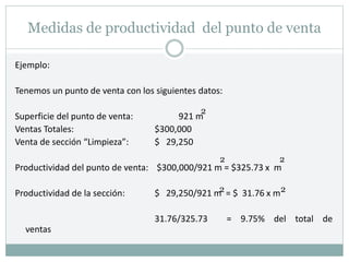 Medidas de productividad del punto de venta
Ejemplo:
Tenemos un punto de venta con los siguientes datos:
Superficie del punto de venta: 921 m
Ventas Totales: $300,000
Venta de sección “Limpieza”: $ 29,250
Productividad del punto de venta: $300,000/921 m = $325.73 x m
Productividad de la sección: $ 29,250/921 m = $ 31.76 x m
31.76/325.73 = 9.75% del total de
ventas
2
2 2
2 2
 
