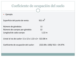 Coeficiente de ocupación del suelo
 Ejemplo
Superficie del punto de venta: 921 m
Número de góndolas: 11
Número de cuerpos por góndola: 12
Longitud de cada cuerpo: 1.22 m
Lineal al ras de suelo= 11 x 12 x 1.22 x 2= 322.08 m
Coeficiente de ocupación del suelo= (322.08 x 100)/ 921 = 34.97%
2
 