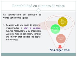 Rentabilidad en el punto de venta
La construcción del embudo de
venta sería como sigue:
1- Realizar toda una serie de acciones
encaminadas a dar a conocer
nuestro restaurante y su propuesta.
Cuantos más te conozcan, tendrás
una mayor probabilidad de captar
más clientes.
Nos eligen 20%
Repiten
40%
Nos han
probado
60%
Nos
conocen
85%
 