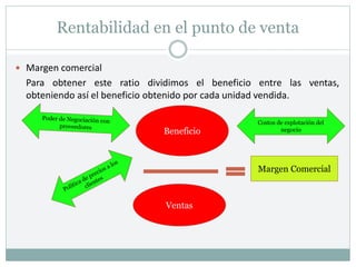 Rentabilidad en el punto de venta
 Margen comercial
Para obtener este ratio dividimos el beneficio entre las ventas,
obteniendo así el beneficio obtenido por cada unidad vendida.
Costos de explotación del
negocio
Beneficio
Ventas
Margen Comercial
 