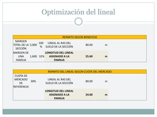 Optimización del lineal
REPARTO SEGÚN BENEFICIO
MARGEN
TOTAL DE LA
SECCIÓN
5,000
100
%
LINEAL AL RAS DEL
SUELO DE LA SECCIÓN
80.00 m
MARGEN DE
UNA
FAMILIA
1,600 32%
LONGITUD DEL LINEAL
ASIGNADO A LA
FAMILIA
25.60 m
REPARTO DEL LINEAL SEGÚN CUOTA DEL MERCADO
CUOTA DE
MERCADO
DE
REFERENCIA
30%
LINEAL AL RAS DEL
SUELO DE LA SECCIÓN
80.00 m
LONGITUD DEL LINEAL
ASIGNADO A LA
FAMILIA
24.00 m
 