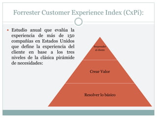 Forrester Customer Experience Index (CxPi):
 Estudio anual que evalúa la
experiencia de más de 150
compañías en Estados Unidos
que define la experiencia del
cliente en base a los tres
niveles de la clásica pirámide
de necesidades:
Sorprender
al cliente
Crear Valor
Resolver lo básico
 