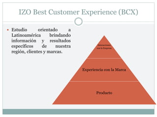 IZO Best Customer Experience (BCX)
 Estudio orientado a
Latinoamérica brindando
información y resultados
específicos de nuestra
región, clientes y marcas.
Interacciones
con la Empresa
Experiencia con la Marca
Producto
 