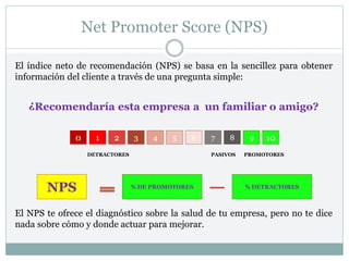 Net Promoter Score (NPS)
El índice neto de recomendación (NPS) se basa en la sencillez para obtener
información del cliente a través de una pregunta simple:
¿Recomendaría esta empresa a un familiar o amigo?
El NPS te ofrece el diagnóstico sobre la salud de tu empresa, pero no te dice
nada sobre cómo y donde actuar para mejorar.
NPS % DE PROMOTORES % DETRACTORES
9
8
7
6
5
4
3
2
1
0 10
DETRACTORES PASIVOS PROMOTORES
 