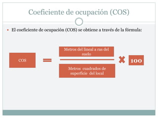 Coeficiente de ocupación (COS)
 El coeficiente de ocupación (COS) se obtiene a través de la fórmula:
COS
Metros del lineal a ras del
suelo
Metros cuadrados de
superficie del local
100
 