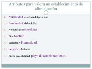 Atributos para valora un establecimiento de
alimentación
1. Amabilidad y cortesía del personal.
2. Proximidad al domicilio.
3. Numerosas promociones
4. Bien Surtido
5. Seriedad y Honestidad.
6. Servicio al cliente.
7. Buena accesibilidad, playa de estacionamiento.
 