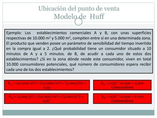 Ubicación del punto de venta
Modelo de Huff
Ejemplo: Los establecimientos comerciales A y B, con unas superficies
respectivas de 10.000 m2 y 5.000 m2, compiten entre sí en una determinada zona.
El producto que venden posee un parámetro de sensibilidad del tiempo invertido
en la compra igual a 2. ¿Qué probabilidad tiene un consumidor situado a 10
minutos de A y a 5 minutos. de B, de acudir a cada uno de estos dos
establecimientos? ¿Si en la zona dónde reside este consumidor, viven en total
10.000 consumidores potenciales, qué número de consumidores espera recibir
cada uno de los dos establecimientos?
PiA = (10.000/102) / ((10.000/102) + (5.000/52)) =
0,33
PiB = (5.000/52) / ((10.000/102) + (5.000/52)) =
0,67
EiA = 0,33 * 10.000 = 3.300
Consumidores
EiB = 0,67 * 10.000 = 6.700
Consumidores
 