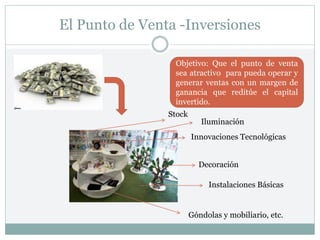 El Punto de Venta -Inversiones
Góndolas y mobiliario, etc.
Decoración
Stock
Innovaciones Tecnológicas
Objetivo: Que el punto de venta
sea atractivo para pueda operar y
generar ventas con un margen de
ganancia que reditúe el capital
invertido.
Instalaciones Básicas
Iluminación
 