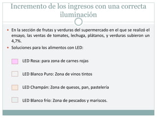Incremento de los ingresos con una correcta
iluminación
 En la sección de frutas y verduras del supermercado en el que se realizó el
ensayo, las ventas de tomates, lechuga, plátanos, y verduras subieron un
4,7%.
 Soluciones para los alimentos con LED:
LED Rosa: para zona de carnes rojas
LED Blanco Puro: Zona de vinos tintos
LED Champán: Zona de quesos, pan, pastelería
LED Blanco frío: Zona de pescados y mariscos.
 