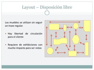 Layout – Disposición libre
Los muebles se utilizan sin seguir
un trazo regular.
 Hay libertad de circulación
para el cliente
 Requiere de exhibiciones con
mucho impacto para ser vistas
 