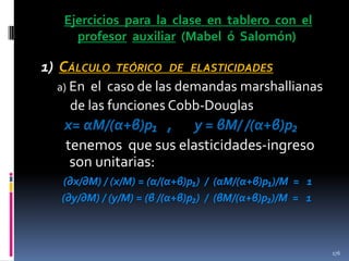 Ejercicios para la clase en tablero con el
profesor auxiliar (Mabel ó Salomón)

1) CÁLCULO

TEÓRICO DE ELASTICIDADES

a) En

el caso de las demandas marshallianas
de las funciones Cobb-Douglas

x= αM/(α+β)p₁ , y = βM/ /(α+β)p₂
tenemos que sus elasticidades-ingreso
son unitarias:
(∂x/∂M) / (x/M) = (α/(α+β)p₁) / (αM/(α+β)p₁)/M = 1
(∂y/∂M) / (y/M) = (β /(α+β)p₂) / (βM/(α+β)p₂)/M = 1

176

 