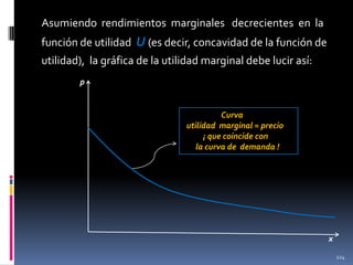 Asumiendo rendimientos marginales decrecientes en la

función de utilidad U (es decir, concavidad de la función de
utilidad), la gráfica de la utilidad marginal debe lucir así:
p

Curva
utilidad marginal = precio
¡ que coincide con
la curva de demanda !

x
224

 
