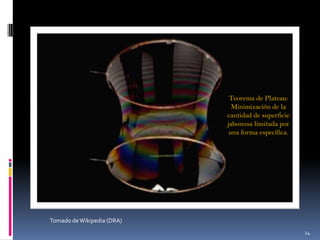 Teorema de Plateau:
Minimización de la
cantidad de superficie
jabonosa limitada por
una forma específica.

Tomado de Wikipedia (DRA)
24

 