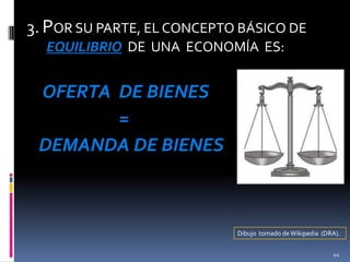 3. POR SU PARTE, EL CONCEPTO BÁSICO DE
EQUILIBRIO DE UNA ECONOMÍA ES:

OFERTA DE BIENES
=
DEMANDA DE BIENES

Dibujo tomado de Wikipedia (DRA).
44

 