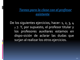 Tareas para la clase con el profesor
asistente
De los siguientes ejercicios, hacer: 1, 2, 3, 4
y 7. Y, por supuesto, el profesor titular y
los profesores auxiliares estamos en
dispo-sición de aclarar las dudas que
surjan al realizar los otros ejercicios.

525

 