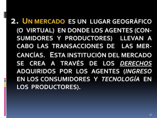 2. UN MERCADO

ES UN LUGAR GEOGRÁFICO
(O VIRTUAL) EN DONDE LOS AGENTES (CONSUMIDORES Y PRODUCTORES) LLEVAN A
CABO LAS TRANSACCIONES DE LAS MERCANCÍAS. ESTA INSTITUCIÓN DEL MERCADO
SE CREA A TRAVÉS DE LOS DERECHOS
ADQUIRIDOS POR LOS AGENTES (INGRESO
EN LOS CONSUMIDORES Y TECNOLOGÍA EN
LOS PRODUCTORES).

57

 