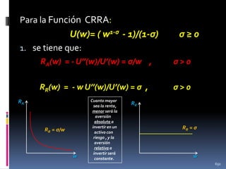 Para la Función CRRA:

U(w)= ( w1-ς - 1)/(1-ς)

ς≥0

1. se tiene que:
RA(w) = - U’’(w)/U’(w) = ς/w ,

ς>0

RR(w) = - w U’’(w)/U’(w) = ς ,

ς>0

RA

RR = ς/w

w

Cuanto mayor
sea la renta,
menor será la
aversión
absoluta a
invertir en un
activo con
riesgo , y la
aversión
relativa a
invertir será
constante.

RR

RR = ς

w
650

 