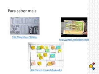 Para saber mais
http://pixeel.me/9blocos
http://pixeel.me/videocanvas
http://pixeel.me/cartilhaquadro
 