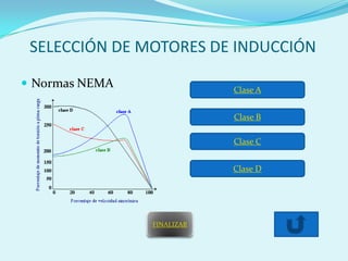 SELECCIÓN DE MOTORES DE INDUCCIÓN

 Normas NEMA               Clase A


                            Clase B

                            Clase C


                            Clase D




                FINALIZAR
 