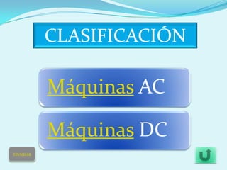 CLASIFICACIÓN

            Máquinas AC

            Máquinas DC
FINALIZAR
 