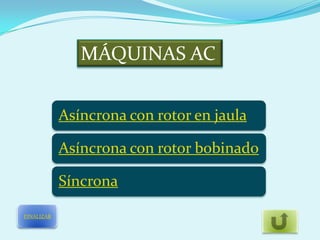 MÁQUINAS AC


            Asíncrona con rotor en jaula

            Asíncrona con rotor bobinado

            Síncrona

FINALIZAR
 