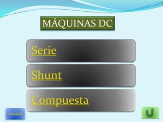MÁQUINAS DC

            Serie

            Shunt

            Compuesta
FINALIZAR
 
