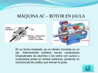 MÁQUINA AC – ROTOR EN JAULA




En su forma instalada, es un cilindro montado en un
eje. Internamente contiene barras conductoras
longitudinales de aluminio o de cobre con surcos y
conectados juntos en ambos extremos, poniendo en
cortocircuito los anillos que forman la jaula.
 