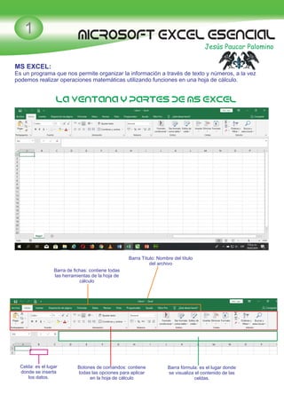 MICROSOFT EXCEL esencial
Jesús Paucar Palomino
MS EXCEL:
Es un programa que nos permite organizar la información a través de texto y números, a la vez
podemos realizar operaciones matemáticas utilizando funciones en una hoja de cálculo.
LA VENTANA Y PARTES DE MS EXCEL
Barra Título: Nombre del título
del archivo
Barra de ﬁchas: contiene todas
las herramientas de la hoja de
cálculo
Botones de comandos: contiene
todas las opciones para aplicar
en la hoja de cálculo
Barra fórmula: es el lugar donde
se visualiza el contenido de las
celdas.
Celda: es el lugar
donde se inserta
los datos.
1
 