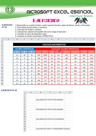 MICROSOFT EXCEL esencial
Jesús Paucar Palomino
13
EJERCICIOS
1.Desarrolle un cuadro similar a este usando (bordes, tipos de letras, fondo y fórmulas)
2. Use datos de tipo texto y números.
3. Use tipo de líneas y colores.
4. Calcule los valores principales tal como exige el ejercicio
5. Cambie el color de etiqueta a azul
6. Cambie el nombr de la hoja a PRÁCTICA
EJERCICIO N° 04
EJERCICIO
N° 03
 