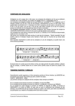 COMPASES DE AMALGAMA


Amalgamar es unir o pegar dos o más cosas. Los compases de amalgama son los que se obtienen
sumando dos o más compases, que pueden ser simples entre sí, o compuestos entre sí.
Los compases de amalgama simples son los que tienen por numerador 5, 7 ó 9. Llegamos al de 5
tiempos uniendo uno de tres y otro de dos tiempos. Generalmente se unen en este orden, pero
puede haber una división de 2 + 3 tiempos. En el de 7, sumamos uno de cuatro y uno de tres, y en
el de 9, uno de cuatro, uno de tres y uno de dos. Este último compás no se usa en la práctica,
porque se confunde con el compuesto que tiene el mismo numerador.
Los compases compuestos también se pueden amalgamar, pero quedan fórmulas de compás de
15/8 (6+9), 21/8 (9+12) y 27/8 (6+9+12), por lo cual sólo quedan como teóricos.
Los compases que más vamos a escuchar son los de 5 y 7 tiempos. En el 5 tiempos el denominador
usado es el 4, y en el de 7, el 8.
Hay temas muy conocidos que están escritos en este tipo de compases. "Misión imposible" de Lalo
Schifrin, está en 5 tiempos. Grupos como Genesis o Rush usan en muchos de sus temas estos
compases.
Para visualizar claramente la unión de los compases en uno de amalgama, se puede hacer una
línea divisoria punteada.




Es bueno tener en cuenta que en la música no hay una regla general. Se puede combinar cualquier
tipo de compás, o cambiar dentro de un mismo tema cuantas veces se quiera de compás o de
ritmo.

TIEMPOS FUERTES Y DÉBILES


Generalmente cuando seguimos un ritmo marcamos acentos en forma intuitiva. Los ACENTOS son
los tiempos que suenan más fuertes que otros. Existen tres tipos:
FUERTE - SEMIFUERTE - DÉBIL
Los primeros tiempos de cualquiera de los compases vistos siempre es FUERTE.

En un compás de dos tiempos el primero es FUERTE y el segundo DÉBIL.
En un compás de tres tiempos el primero es FUERTE, y el segundo y el tercero son DÉBILES.
En un compás de cuatro tiempos el primero es FUERTE, el segundo es DÉBIL, el tercero es
SEMIFUERTE y el cuarto es DÉBIL. En este caso es como si juntáramos dos compases de dos
tiempos, con la diferencia de que el tercer tiempo no vuelve a ser fuerte, pero tiene una diferencia
de acentuación con respecto a los débiles dentro del mismo compás.




Curso de Teoría de la Música                                                            Pag. 19
 