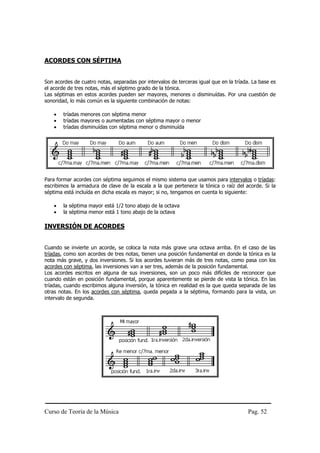 ACORDES CON SÉPTIMA


Son acordes de cuatro notas, separadas por intervalos de terceras igual que en la tríada. La base es
el acorde de tres notas, más el séptimo grado de la tónica.
Las séptimas en estos acordes pueden ser mayores, menores o disminuídas. Por una cuestión de
sonoridad, lo más común es la siguiente combinación de notas:

    •   tríadas menores con séptima menor
    •   tríadas mayores o aumentadas con séptima mayor o menor
    •   tríadas disminuídas con séptima menor o disminuída




Para formar acordes con séptima seguimos el mismo sistema que usamos para intervalos o tríadas:
escribimos la armadura de clave de la escala a la que pertenece la tónica o raíz del acorde. Si la
séptima está incluída en dicha escala es mayor; si no, tengamos en cuenta lo siguiente:

    •   la séptima mayor está 1/2 tono abajo de la octava
    •   la séptima menor está 1 tono abajo de la octava

INVERSIÓN DE ACORDES


Cuando se invierte un acorde, se coloca la nota más grave una octava arriba. En el caso de las
tríadas, como son acordes de tres notas, tienen una posición fundamental en donde la tónica es la
nota más grave, y dos inversiones. Si los acordes tuvieran más de tres notas, como pasa con los
acordes con séptima, las inversiones van a ser tres, además de la posición fundamental.
Los acordes escritos en alguna de sus inversiones, son un poco más difíciles de reconocer que
cuando están en posición fundamental, porque aparentemente se pierde de vista la tónica. En las
tríadas, cuando escribimos alguna inversión, la tónica en realidad es la que queda separada de las
otras notas. En los acordes con séptima, queda pegada a la séptima, formando para la vista, un
intervalo de segunda.




Curso de Teoría de la Música                                                            Pag. 52
 