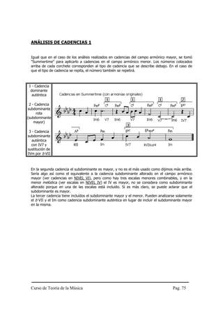 ANÁLISIS DE CADENCIAS 1


  Igual que en el caso de los análisis realizados en cadencias del campo armónico mayor, se tomó
  "Summertime" para aplicarlo a cadencias en el campo armónico menor. Los números colocados
  arriba de cada corchete corresponden al tipo de cadencia que se describe debajo. En el caso de
  que el tipo de cadencia se repita, el número también se repetirá.



 1 - Cadencia
  dominante
   auténtica

 2 - Cadencia
subdominante
      rota
(subdominante
    mayor)

 3 - Cadencia
subdominante
   auténtica
  con IV7 y
sustitución de
IVm por b VII



  En la segunda cadencia el subdominante es mayor, y no es el más usado como dijimos más arriba.
  Sería algo así como el equivalente a la cadencia subdominante alterado en el campo armónico
  mayor (ver cadencias en NIVEL VI), pero como hay tres escalas menores combinables, y en la
  menor melódica (ver escalas en NIVEL IV) el IV es mayor, no se considera como subdominante
  alterado porque en una de las escalas está incluído. Si es más claro, se puede aclarar que el
  subdominante es mayor.
  La tercer cadencia tiene incluídos el subdominante mayor y el menor. Pueden analizarse solamente
  el b VII y el Im como cadencia subdominante auténtica en lugar de incluir el subdominante mayor
  en la misma.




  Curso de Teoría de la Música                                                        Pag. 75
 