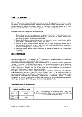 ANÁLISIS ARMÓNICO 1


  Es muy útil que vayamos analizando la armonía funcional de algunos temas mientras vamos
  estudiando. Al principio encontraremos montones de acordes que serán desconocidos, y aunque
  queden lugares en blanco, el resto del análisis es importante, sobre todo porque no es muy
  práctico acumular información si no la vamos aplicando a medida que estudiamos.

  Podemos organizar el análisis de la siguiente manera:

       1. Colocar los grados que correspondan al campo armónico. Previo a eso debemos saber en
          qué tonalidad estamos (ver tonalidad en NIVEL IV), y en el caso de que sea menor, tener
          en cuenta las posibles variantes que puede haber.
       2. Colocar las flechas en los acordes que sean dominantes: enteras si resuelven una quinta
          justa abajo, o punteadas si resuelven medio tono abajo.
       3. Después de haber terminado de dar el primer vistazo, volver a las flechas y verificar qué
          tipo de acorde dominante es y en qué grado está resolviendo (dominante secundario,
          sustituto tritonal principal o secundario, etc).
       4. Se puede agregar también, como último paso, el análisis de cadencias (ver cadencias en
          NIVEL VI).

  IIm7 RELATIVOS


  Estos acordes son ACORDES MENORES CON SÉPTIMA MENOR, y se asocian a todo tipo de acordes
  dominantes ubicándose una cuarta justa abajo de dicho acorde.
  Ya vimos en cadencias (ver NIVEL VI) que el movimiento V - I, en cualquier tonalidad, genera una
  "tensión - resolución" como cadencia dominante. Los dominantes secundarios y los sustitutos
  tritonales también son acordes dominantes, y también generan una "tensión - resolución" hacia el
  acorde donde van a resolver, sólo que no son analizables como cadencias. Son movimientos
  cadenciales auditivos que enriquecen la armonía de base.
  Estos IIm7 relativos tienen función subdominante (para recordarlo asociémoslo con la función
  subdominante que tiene el II grado del campo armónico mayor). Si le sumamos la función
  subdominante a la dominante del acorde al cual se vinculan, y su resolución, estamos generando
  una cadencia compuesta (no analizable): "subdominante - dominante - tónica". La tónica
  obviamente no es la tónica del campo armónico. Sólo hablamos de las cadencias auditivas, en este
  caso la que completa el IIm7 relativo, que suaviza la fuerza del dominante.


  Veamos qué pasa en cada ejemplo:


     CAMPO ARMÓNICO DE C
                                        1) - El C7 es el dominante secundario del FMaj7. El Gm7 es el
 Gm7      C7           FMaj7           IIm7 relativo asociado al dominante secundario, y es el II grado
                                                        del acorde de resolución, FMaj7.
 IIm7
         V/IV          IVMaj7
relativo




  Curso de Teoría de la Música                                                          Pag. 81
 