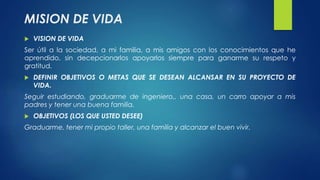 MISION DE VIDA 
 VISION DE VIDA 
Ser útil a la sociedad, a mi familia, a mis amigos con los conocimientos que he 
aprendido, sin decepcionarlos apoyarlos siempre para ganarme su respeto y 
gratitud. 
 DEFINIR OBJETIVOS O METAS QUE SE DESEAN ALCANSAR EN SU PROYECTO DE 
VIDA. 
Seguir estudiando, graduarme de ingeniero,, una casa, un carro apoyar a mis 
padres y tener una buena familia. 
 OBJETIVOS (LOS QUE USTED DESEE) 
Graduarme, tener mi propio taller, una familia y alcanzar el buen vivir. 
 