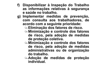 f) Disponibilizar à Inspeção do Trabalho
as informações relativas à segurança
e saúde no trabalho.
g) Implementar medidas de prevenção,
com consulta aos trabalhadores, de
acordo com a seguinte prioridade:
̶ Eliminação dos fatores de risco.
̶ Minimização e controle dos fatores
de risco, pela adoção de medidas
de proteção coletiva.
̶ Minimização e controle dos fatores
de risco, pela adoção de medidas
administrativas ou de organização
do trabalho.
̶ Adoção de medidas de proteção
individual.
 