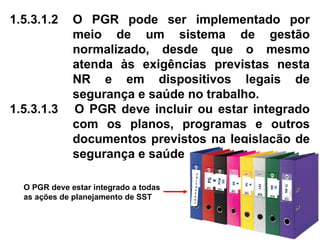 1.5.3.1.2 O PGR pode ser implementado por
meio de um sistema de gestão
normalizado, desde que o mesmo
atenda às exigências previstas nesta
NR e em dispositivos legais de
segurança e saúde no trabalho.
1.5.3.1.3 O PGR deve incluir ou estar integrado
com os planos, programas e outros
documentos previstos na legislação de
segurança e saúde no trabalho.
S
G
I
S
O
4
5
0
0
1
PG
R
PCM
SO
PP
R
PC
A
CAT
NR
10
NR
12
O PGR deve estar integrado a todas
as ações de planejamento de SST
 