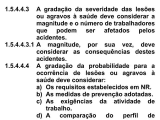 1.5.4.4.3 A gradação da severidade das lesões
ou agravos à saúde deve considerar a
magnitude e o número de trabalhadores
que podem ser afetados pelos
acidentes.
1.5.4.4.3.1 A magnitude, por sua vez, deve
considerar as consequências destes
acidentes.
1.5.4.4.4 A gradação da probabilidade para a
ocorrência de lesões ou agravos à
saúde deve considerar:
a) Os requisitos estabelecidos em NR.
b) As medidas de prevenção adotadas.
c) As exigências da atividade de
trabalho.
d) A comparação do perfil de
 