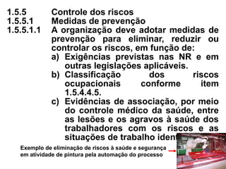 1.5.5 Controle dos riscos
1.5.5.1 Medidas de prevenção
1.5.5.1.1 A organização deve adotar medidas de
prevenção para eliminar, reduzir ou
controlar os riscos, em função de:
a) Exigências previstas nas NR e em
outras legislações aplicáveis.
b) Classificação dos riscos
ocupacionais conforme item
1.5.4.4.5.
c) Evidências de associação, por meio
do controle médico da saúde, entre
as lesões e os agravos à saúde dos
trabalhadores com os riscos e as
situações de trabalho identificados.
Exemplo de eliminação de riscos à saúde e segurança
em atividade de pintura pela automação do processo
 