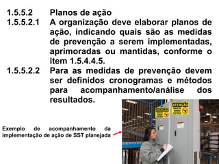 1.5.5.2 Planos de ação
1.5.5.2.1 A organização deve elaborar planos de
ação, indicando quais são as medidas
de prevenção a serem implementadas,
aprimoradas ou mantidas, conforme o
item 1.5.4.4.5.
1.5.5.2.2 Para as medidas de prevenção devem
ser definidos cronogramas e métodos
para acompanhamento/análise dos
resultados.
Exemplo de acompanhamento da
implementação de ação de SST planejada
 