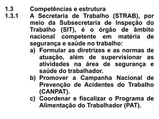 1.3 Competências e estrutura
1.3.1 A Secretaria de Trabalho (STRAB), por
meio da Subsecretaria de Inspeção do
Trabalho (SIT), é o órgão de âmbito
nacional competente em matéria de
segurança e saúde no trabalho:
a) Formular as diretrizes e as normas de
atuação, além de supervisionar as
atividades na área de segurança e
saúde do trabalhador.
b) Promover a Campanha Nacional de
Prevenção de Acidentes do Trabalho
(CANPAT).
c) Coordenar e fiscalizar o Programa de
Alimentação do Trabalhador (PAT).
 