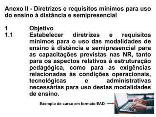 Anexo II - Diretrizes e requisitos mínimos para uso
do ensino à distância e semipresencial
1 Objetivo
1.1 Estabelecer diretrizes e requisitos
mínimos para o uso das modalidades de
ensino à distância e semipresencial para
as capacitações previstas nas NR, tanto
para os aspectos relativos à estruturação
pedagógica, como para as exigências
relacionadas às condições operacionais,
tecnológicas e administrativas
necessárias para uso destas modalidades
de ensino.
Exemplo de curso em formato EAD
 