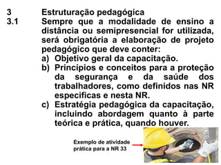 3 Estruturação pedagógica
3.1 Sempre que a modalidade de ensino a
distância ou semipresencial for utilizada,
será obrigatória a elaboração de projeto
pedagógico que deve conter:
a) Objetivo geral da capacitação.
b) Princípios e conceitos para a proteção
da segurança e da saúde dos
trabalhadores, como definidos nas NR
especificas e nesta NR.
c) Estratégia pedagógica da capacitação,
incluindo abordagem quanto à parte
teórica e prática, quando houver.
Exemplo de atividade
prática para a NR 33
 
