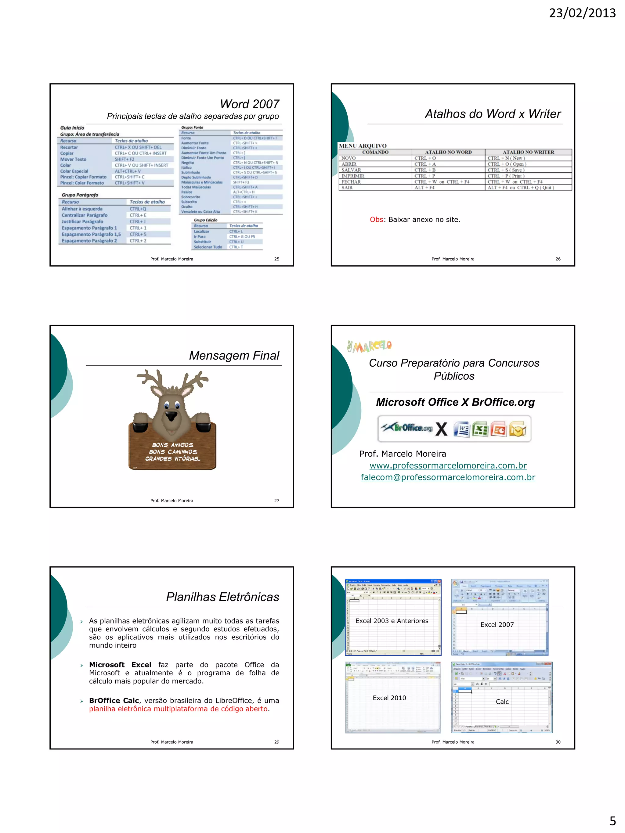 23/02/2013
5
Word 2007
Principais teclas de atalho separadas por grupo
Prof. Marcelo Moreira 25
Atalhos do Word x Writer
Obs: Baixar anexo no site.
26Prof. Marcelo Moreira
Mensagem Final
Prof. Marcelo Moreira 27
Curso Preparatório para Concursos
Públicos
Microsoft Office X BrOffice.org
Prof. Marcelo Moreira
www.professormarcelomoreira.com.br
falecom@professormarcelomoreira.com.br
Planilhas Eletrônicas
 As planilhas eletrônicas agilizam muito todas as tarefas
que envolvem cálculos e segundo estudos efetuados,
são os aplicativos mais utilizados nos escritórios do
mundo inteiro
 Microsoft Excel faz parte do pacote Office da
Microsoft e atualmente é o programa de folha de
cálculo mais popular do mercado.
 BrOffice Calc, versão brasileira do LibreOffice, é uma
planilha eletrônica multiplataforma de código aberto.
29Prof. Marcelo Moreira Prof. Marcelo Moreira 30
Excel 2003 e Anteriores
Excel 2007
Excel 2010
Calc
 