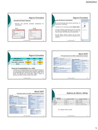 02/03/2014
5
Alguns Conceitos
Conceito de Contar Palavras
 Recurso que permite visualizar estatísticas do
documento.
Word Writer
Prof. Marcelo Moreira 26
Alguns Conceitos
Conceito de Área de Transferência
 É um local reservado pelo sistema operacional, na
memória do computador.
 Funciona com os comandos padrão Copiar/Colar.
 Os itens coletados permanecem até que você saia
de todos os programas do Office ou exclua os
itens do painel de tarefas Área de transferência.
 No MS Office pode-se colocar até 24 itens.
BrOffice apenas um (Usa área de transferência do
sistema).
Prof. Marcelo Moreira 27
Alguns Conceitos
Pacote de Compatibilidade com o 2003.
 O Pacote de Compatibilidade para Formatos de Arquivo é
uma ferramenta desenvolvida pela Microsoft, atendendo
as necessidades dos usuários de dos Offices 2000, XP ou
2003. Ele permite que você abra, edite e salve os
arquivos do Word, Excel e Power Point 2007.
Prof. Marcelo Moreira 28
Pode Abrir?  .DOCX .DOC .ODT
Word 2007/10/13 SIM SIM SIM
Word 2003/ Anteriores NÃO SIM NÃO
Writer SIM SIM SIM
Word 2007
Principais teclas de atalho separadas por grupo
Prof. Marcelo Moreira 29
Word 2007
Principais teclas de atalho separadas por grupo
Prof. Marcelo Moreira 30
Atalhos do Word x Writer
Obs: Baixar anexo no site.
31Prof. Marcelo Moreira
 