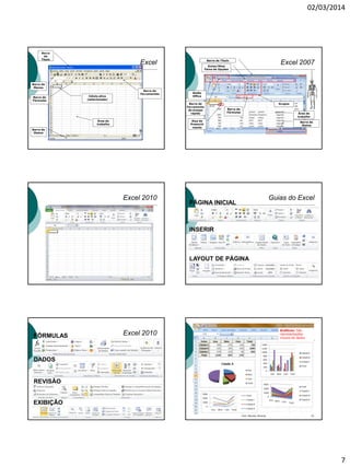 02/03/2014
7
Barra
de
Título
Barra de
Menus
Barra de
Fórmulas
Barra de
Ferramentas
Área de
trabalho
Barra de
Status
Célula ativa
(selecionada)
Excel Barra de Título
Guias/Abas
Faixa de Opções
Alça de
Preenchi
mento
Grupos
Área de
trabalho
Barra de
Ferramenta
de acesso
rápido
Barra de
Status
Excel 2007
Barra de
Fórmulas
Botão
Office
Excel 2010 Guias do Excel
PÁGINA INICIAL
INSERIR
LAYOUT DE PÁGINA
Excel 2010FÓRMULAS
DADOS
REVISÃO
EXIBIÇÃO
Prof. Marcelo Moreira 43
Gráficos: São
representações
visuais de dados
 